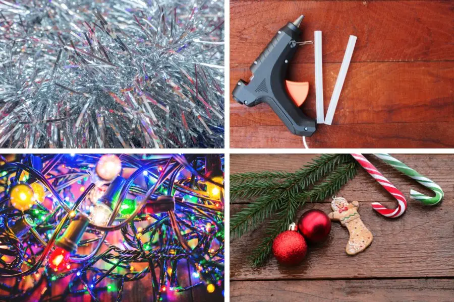 Dụng cụ và nguyên liệu để trang trí cây thông Noel trên tường nhà độc đáo.