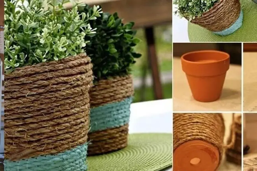 Trang trí chậu cây bằng dây thừng phù hợp với không gian vintage