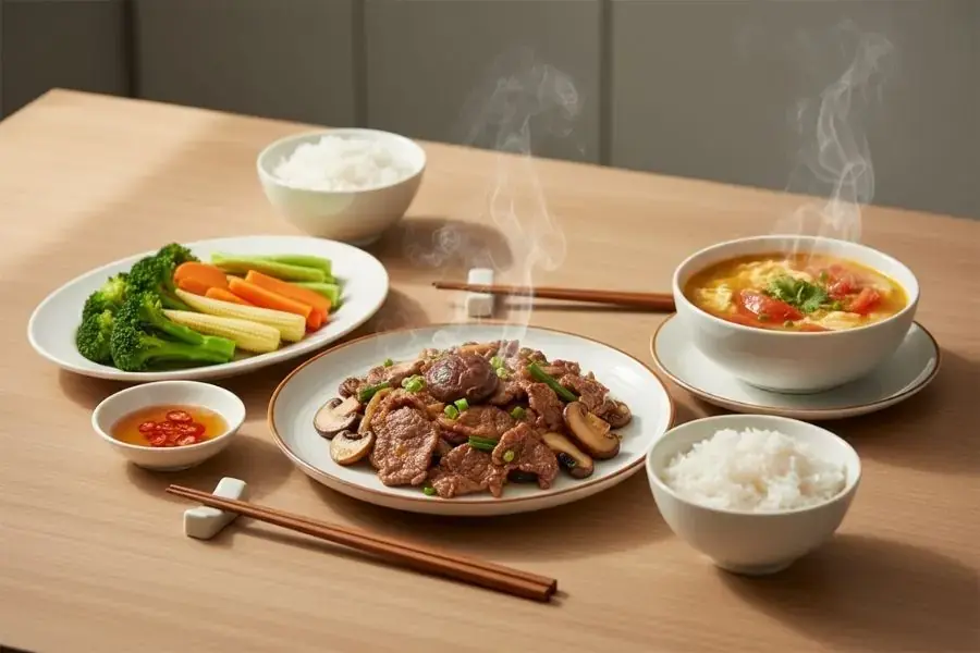 Bò xào nấm - Rau củ luộc - Canh cà chua trứng.