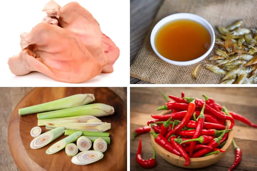 Chuẩn bị những nguyên liệu làm tai heo ngâm mắm.