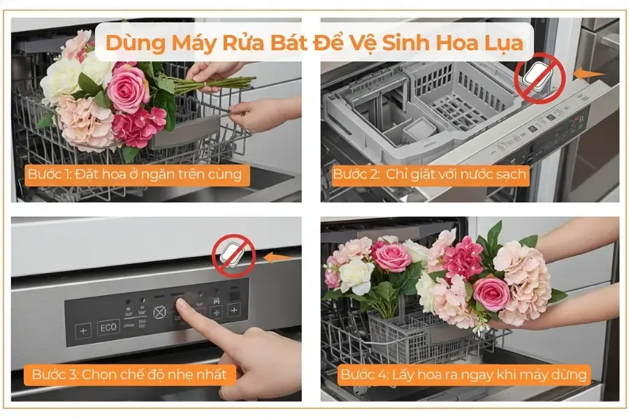 Dùng máy rửa bát để vệ sinh hoa lụa.