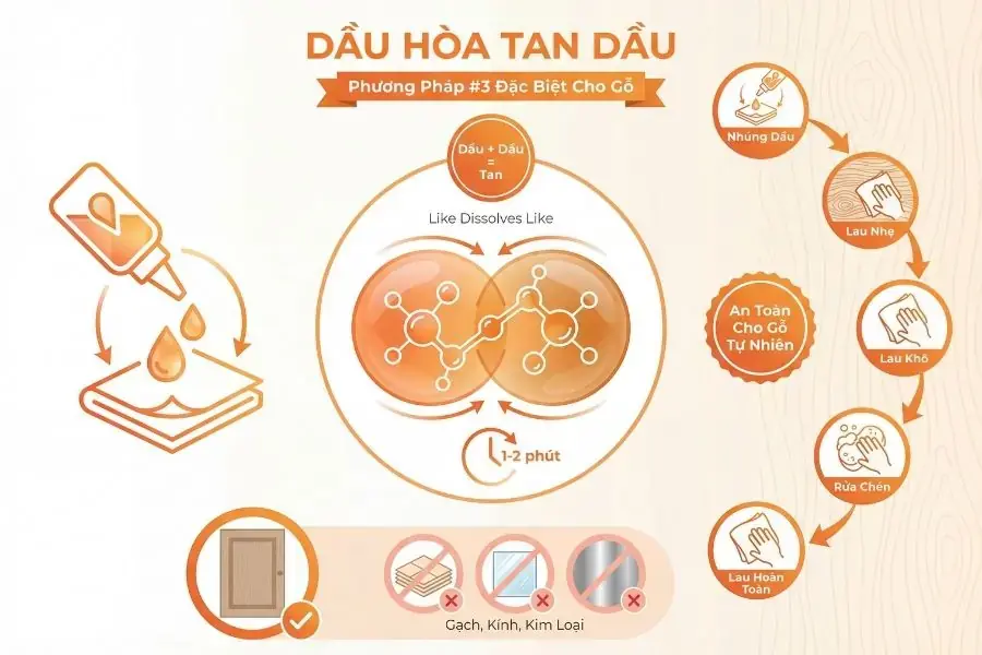 Áp dụng nguyên tắc hóa học 'dầu hòa tan dầu' giúp làm sạch mảng bám trên tủ bếp gỗ hiệu quả, đồng thời giúp dưỡng bóng và bảo vệ lớp sơn tự nhiên.