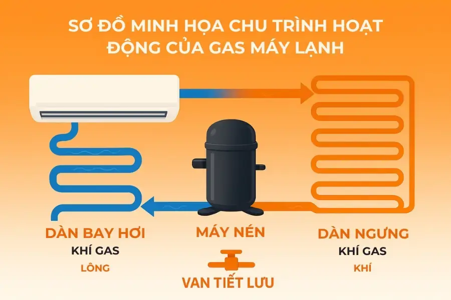 Quá trình nén-giãn nở và chuyển đổi thể lỏng-khí qua các bộ phận chính.