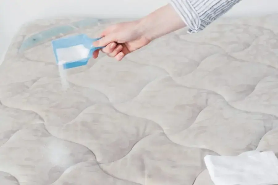 Rải đều hỗn hợp baking soda lên bề mặt đệm xốp
