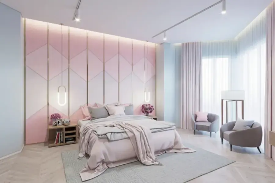 Phong cách trang trí phòng ngủ màu hồng sang trọng khi kết hợp xanh dương nhạt
