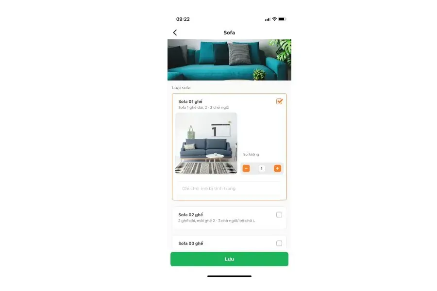 Nhập thông tin về loại sofa cần giặt.
