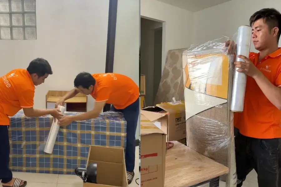 Đồ đạc được đóng gói theo phân loại, sử dụng màng nhựa PE, chống sốc phù hợp.