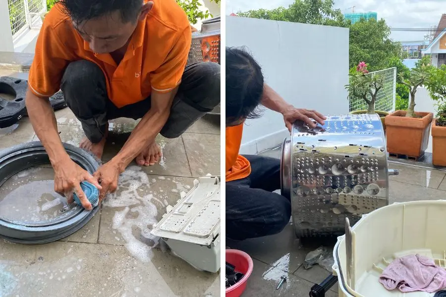 Dùng hỗn hợp tẩy rửa để chà ron máy và lồng máy.