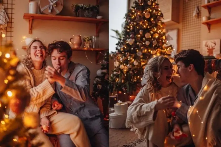 Tạo dáng chụp ảnh Noel với đèn led cùng người yêu ngọt ngào.