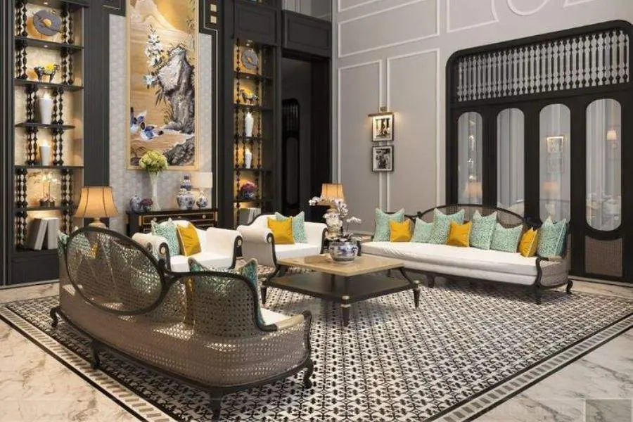 Trang trí phòng khách phong cách Indochine với chất liệu và màu sắc mộc mạc, giản dị