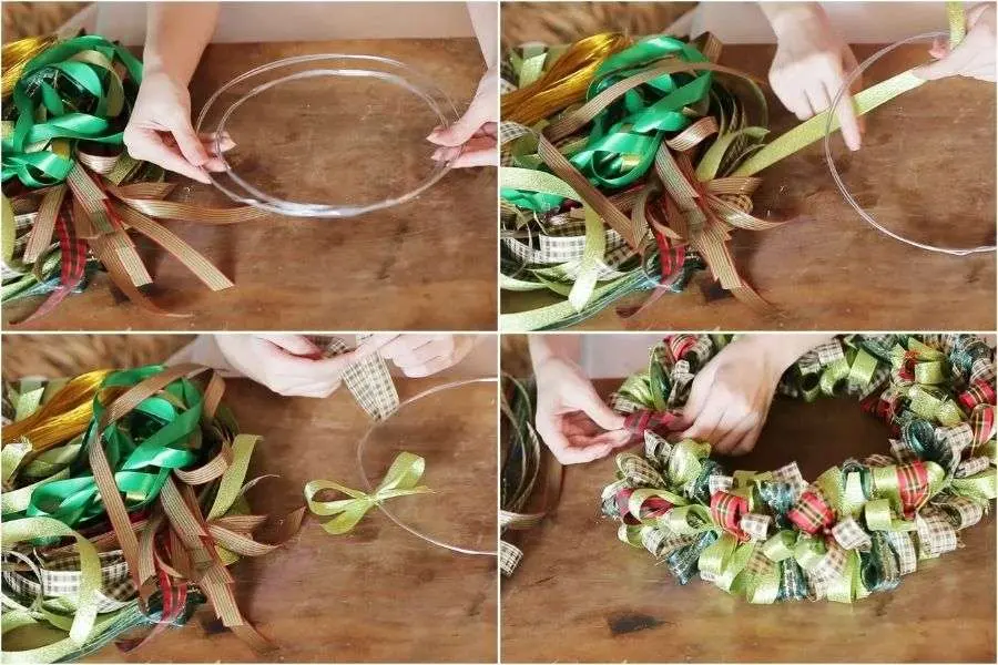Làm vòng nguyệt quế trang trí Noel độc đáo bằng ruy băng.