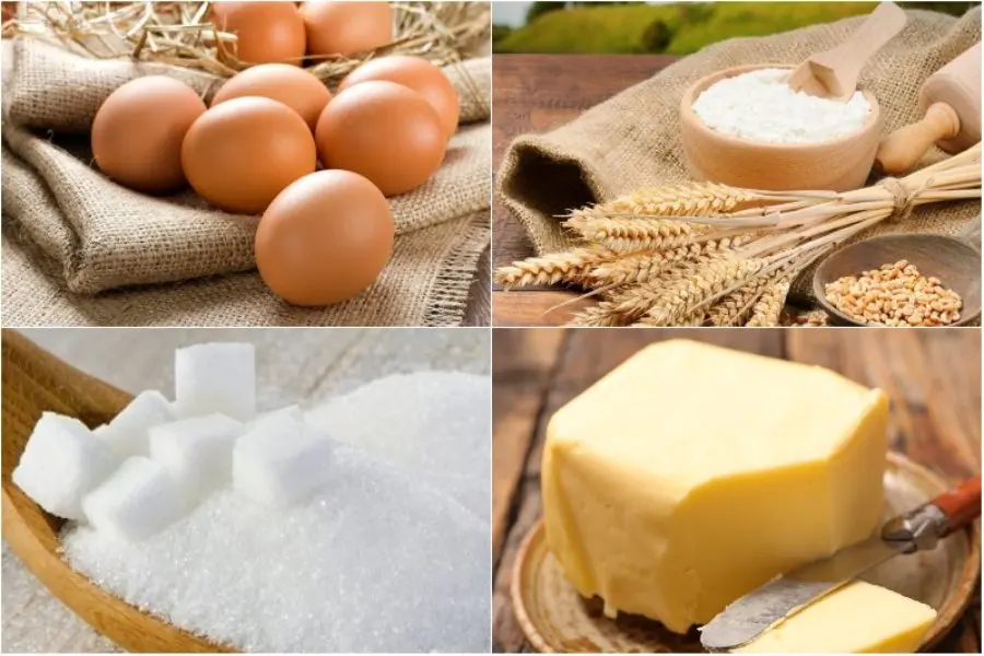 Nguyên liệu làm bánh kem sinh nhật: trứng, bột mì, bơ lạc,....