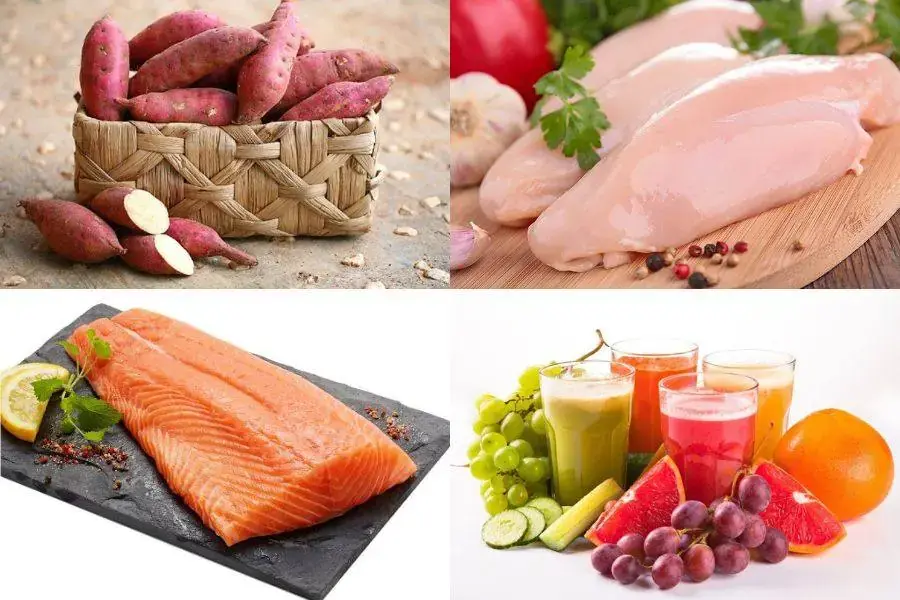Gợi ý thực đơn giảm cân với khoai lang và ức gà, cá hồi ngày 2