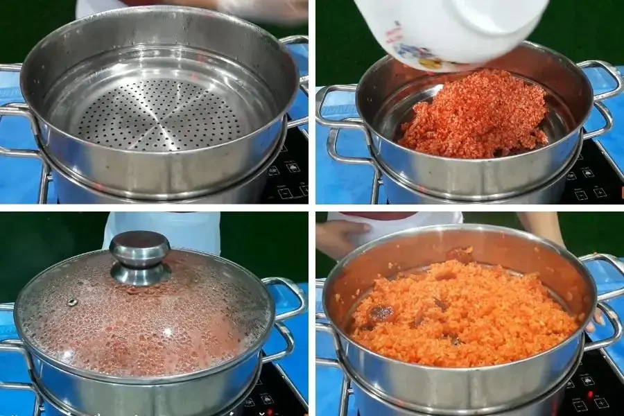 Nấu xôi gấc bằng cách hấp cách thủy.