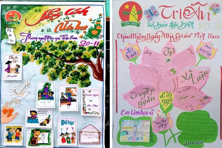 Mẫu báo tường 20 11 chủ đề “Nâng cánh ước mơ” hoạt hình vui nhộn (trái) và tác phẩm hình ảnh búp sen chủ đạo từ chi đội lớp 5A (phải).