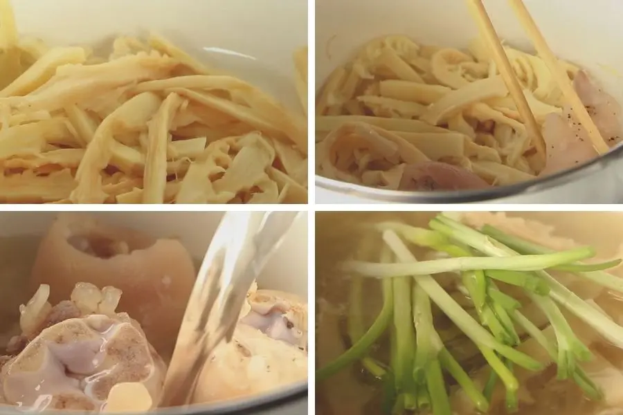 Cho măng, xương, móng giò vào và hầm trong khoảng 1 giờ.
