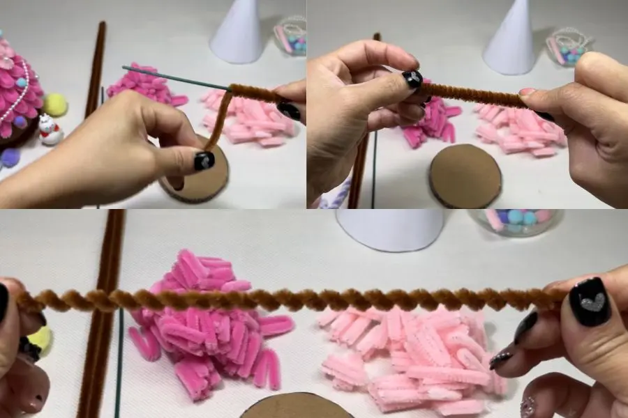 Dùng sợi kẽm nâu và uốn quanh thân cây kẽm cứng.