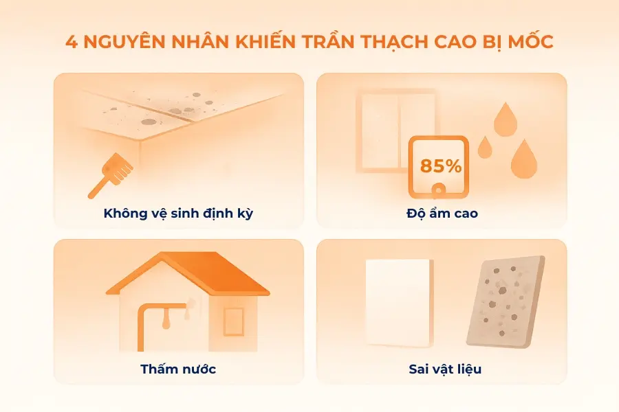 4 nguyên nhân phổ biến khiến trần thạch cao bị mốc.