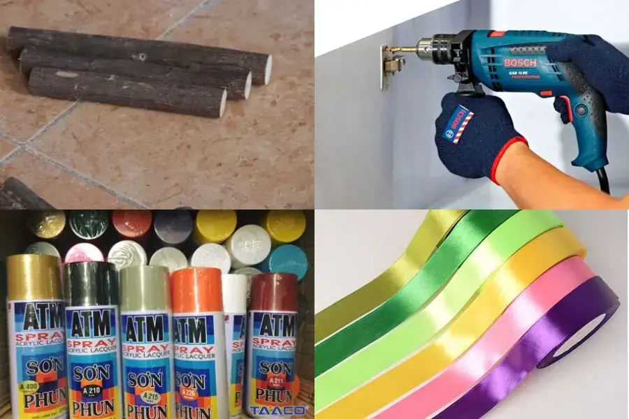 Nguyên liệu để làm cây thông mini từ củi khô. 