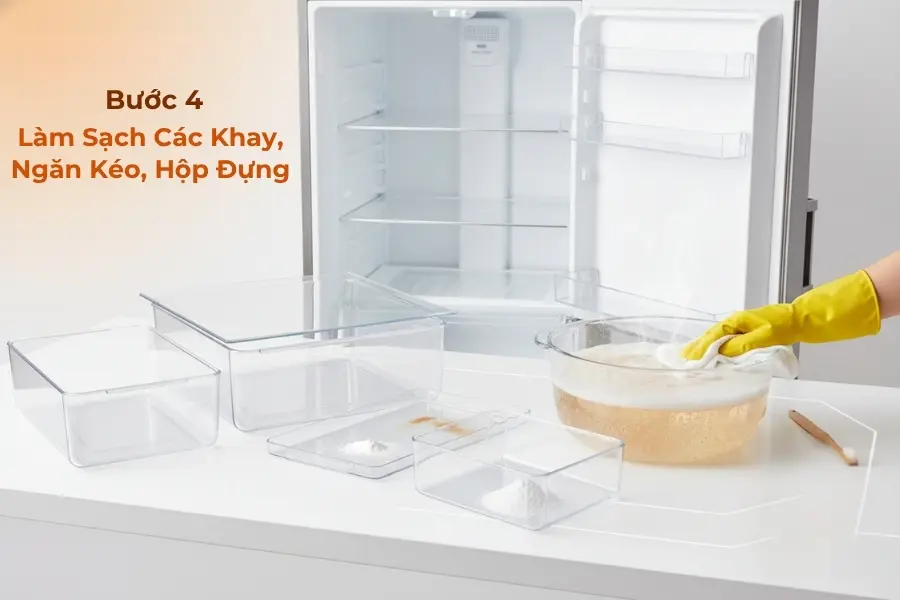 Tháo rời và làm sạch các khay, ngăn kéo, hộp trong trong tủ lạnh.