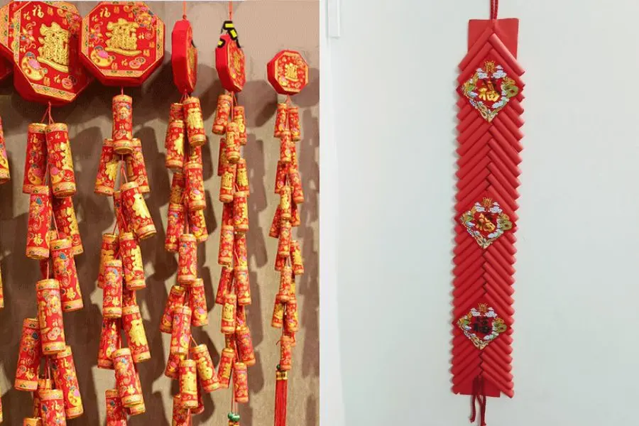 Dây pháo có màu đỏ và màu vàng kết hợp với nhau đều đem đến sự may mắn.