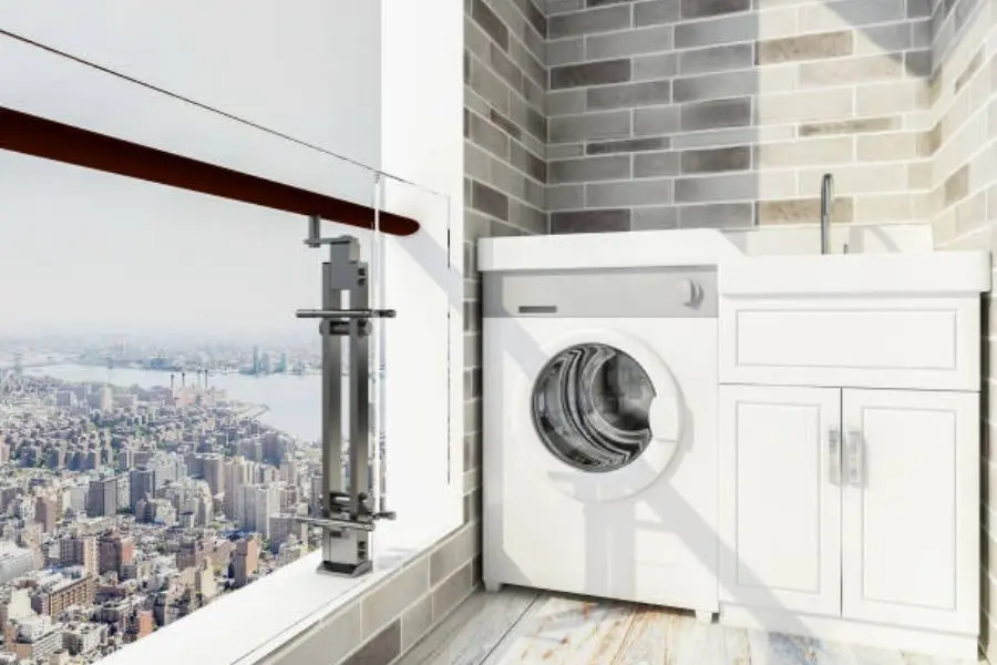 Thiết kế tủ để máy giặt tích hợp với bồn rửa và vòi nước.