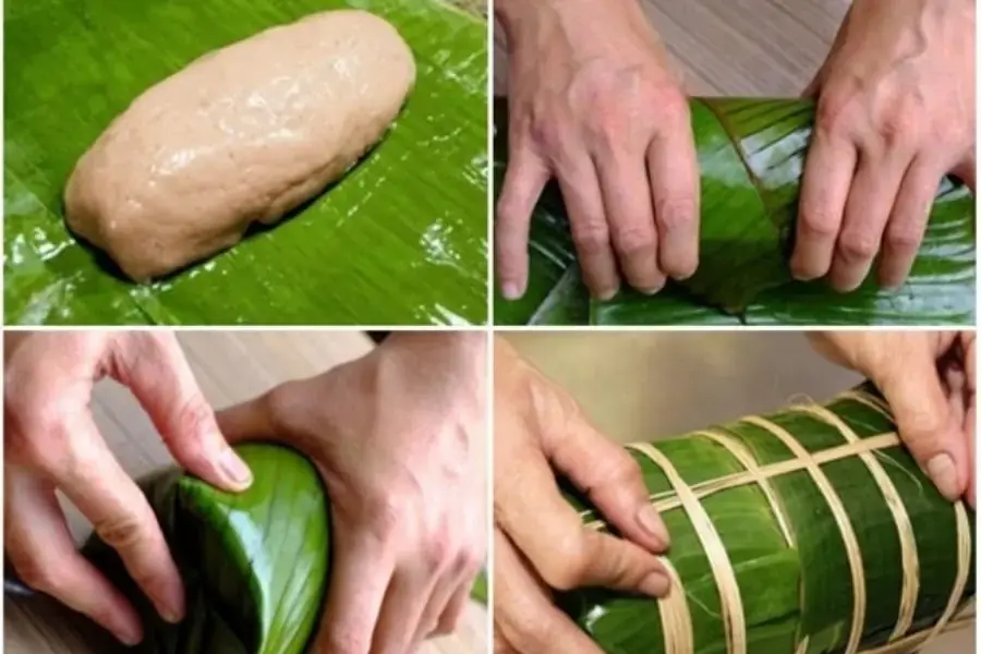 Bó chặt chả bò bằng lá chuối.