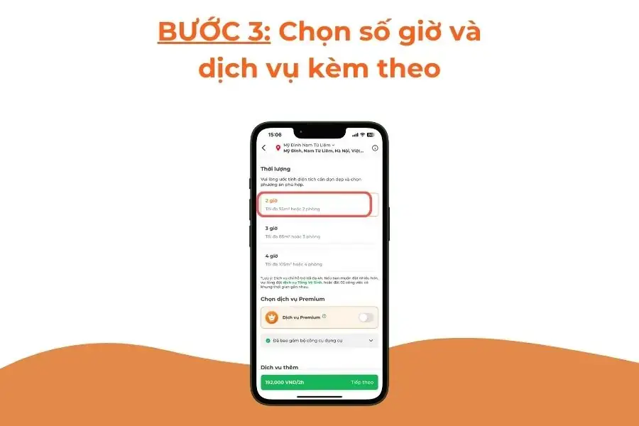 Chọn số giờ và dịch vụ kèm theo.