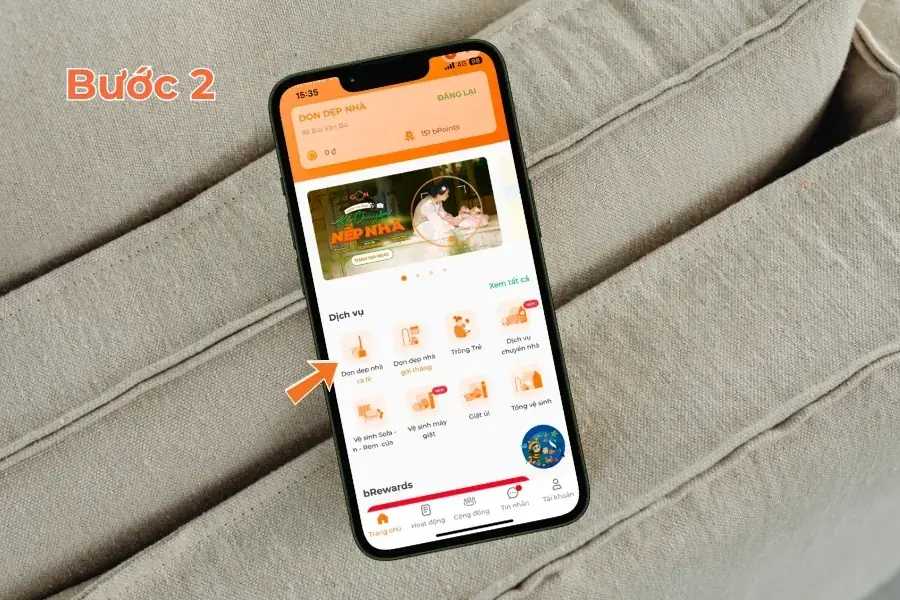 Chọn dịch vụ “dọn dẹp nhà ca lẻ” tại Vũng Tàu ngoài màn hình chính.