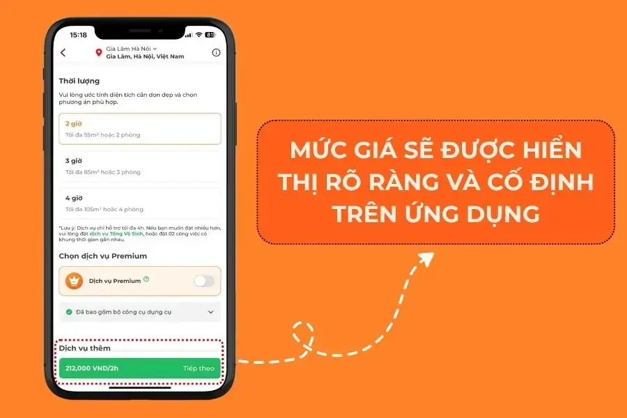 Mức giá thể hiện rõ ràng ngay từ bước đặt lịch đầu tiên.