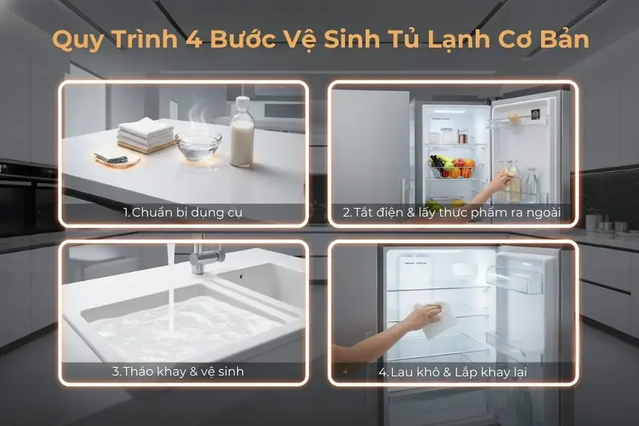 Quy trình 4 bước vệ sinh cơ bản trước khi khử mùi tủ lạnh.