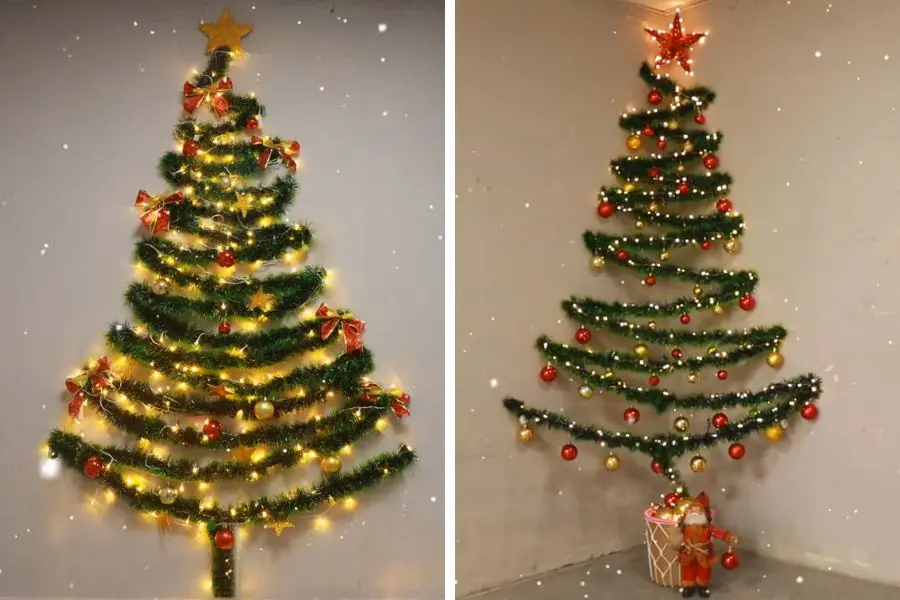 Mẫu cây Giáng Sinh trang trí tường đẹp mắt từ dây kim tuyến lấp lánh.