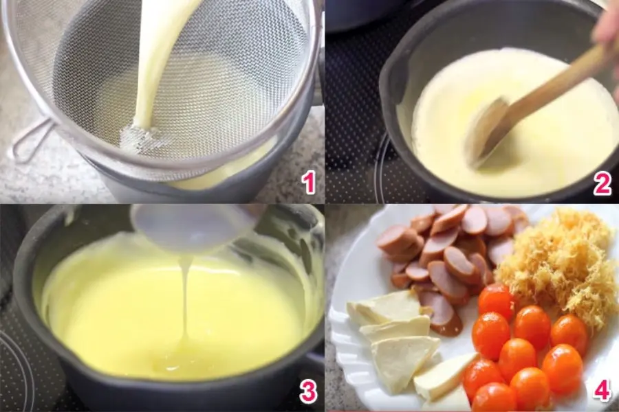 1. Lọc hỗn hợp sốt.
2. Khuấy đều tay nhẹ nhàng
3. Hỗn hợp sệt lại
4. Xúc xích, phô mai, trứng muối, chà bông