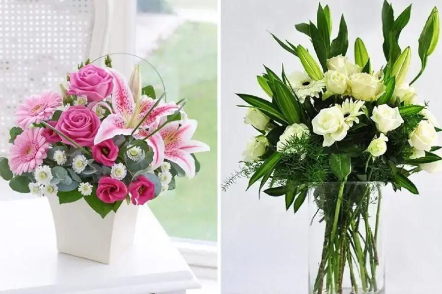 Chậu hoa được kết hợp giữa hoa sen, hoa hồng và hoa ly sẽ giúp không gian thêm bắt mắt và đầy màu sắc.