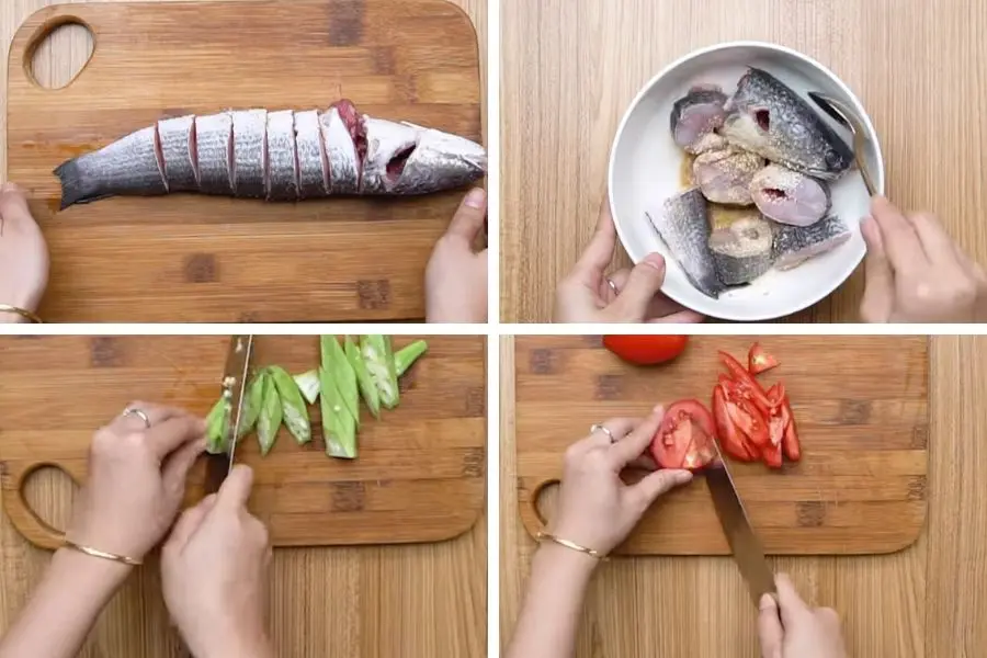 Cá lóc cắt khúc, rửa sạch, ướp gia vị vừa ăn.