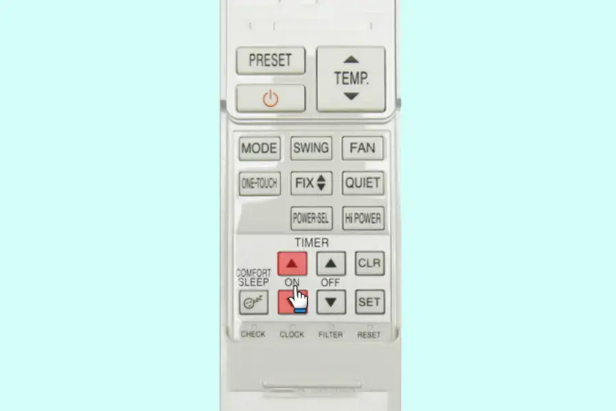 Bấm nút Timer ON để hẹn giờ mở máy lạnh Toshiba