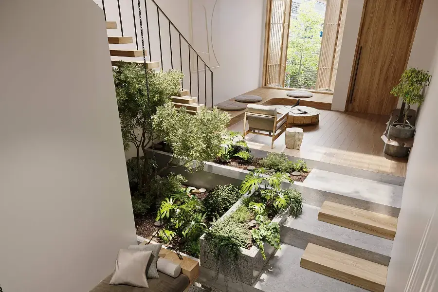 Đặt các cây xanh có kích thước lớn dưới chân cầu thang