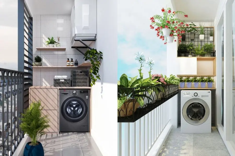 Tủ máy giặt tích hợp với kệ để cây xanh.