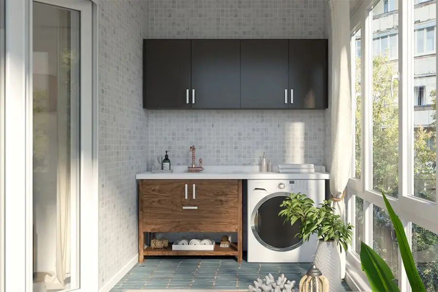 Thiết kế tủ máy giặt đơn giản với màu sắc tối giản, tạo sự sang trọng.