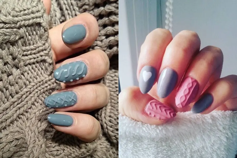 Mẫu nail xinh họa tiết áo len với tone màu xanh xám.