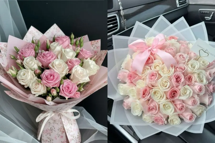 Mẫu hoa hồng phấn phối hoa hồng trắng tượng trưng cho tình cảm trong sáng và ngọt ngào