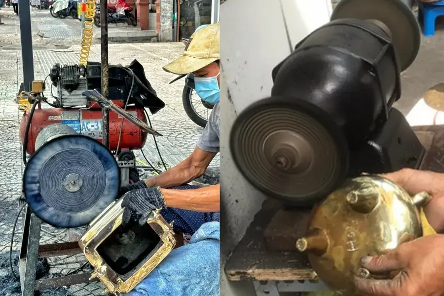 Sử dụng máy chuyên dụng đánh bóng lư đồng bị oxy hóa nặng. 
