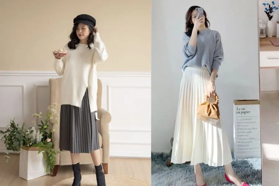 Áo len mix cùng chân váy midi không bao giờ lỗi mốt.