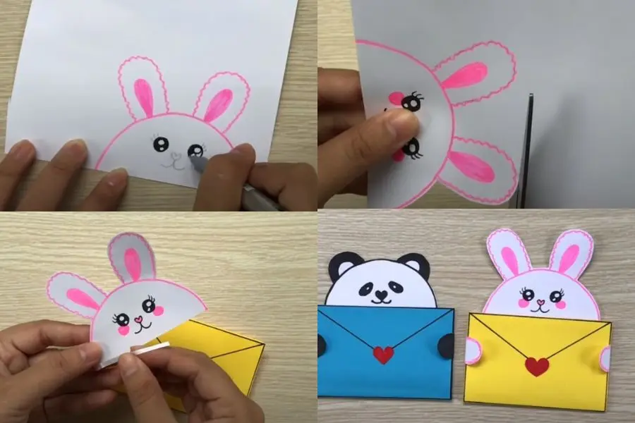 Cắt hình vẽ ra và sử dụng keo dán để gắn hình vào thiệp.