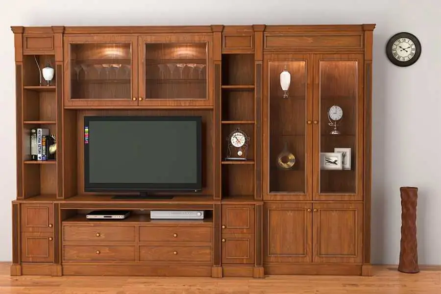 Mẫu kích thước kệ tivi phong cách cổ điển, tân cổ điển tông màu gỗ chủ đạo