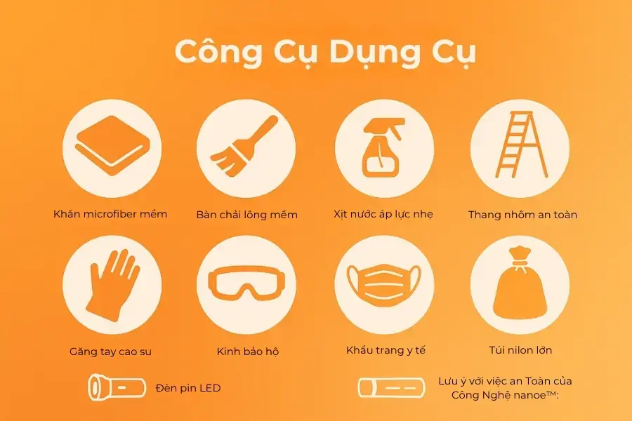 Các công cụ dụng cụ cần thiết khi vệ sinh máy lạnh Panasonic.