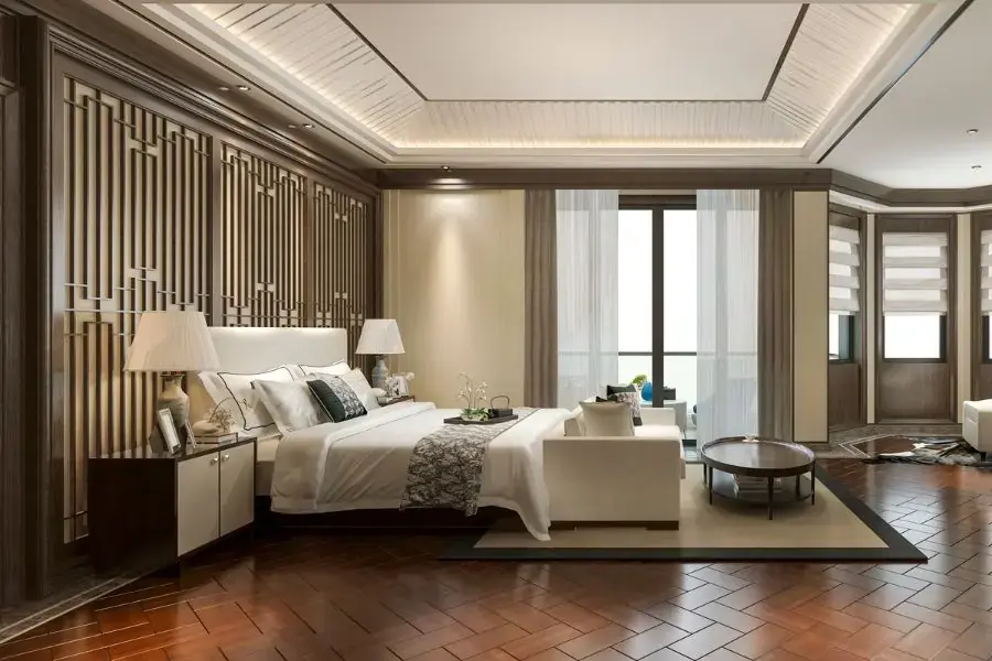 Phòng ngủ sang trọng với điểm nhấn là bức tường gỗ đầu giường