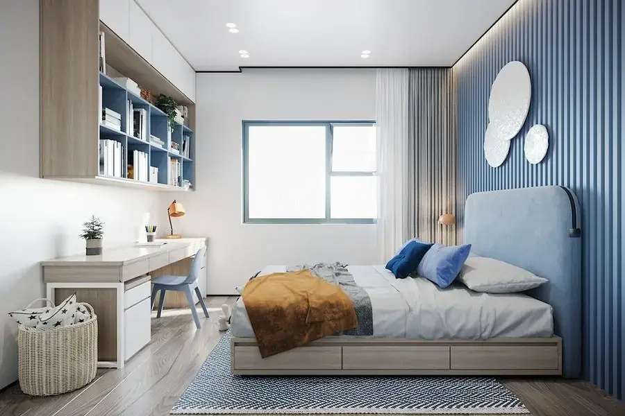 Sự kết hợp 2 gam màu xanh - trắng mang lại sự dịu dàng, mát mẻ cho phòng ngủ