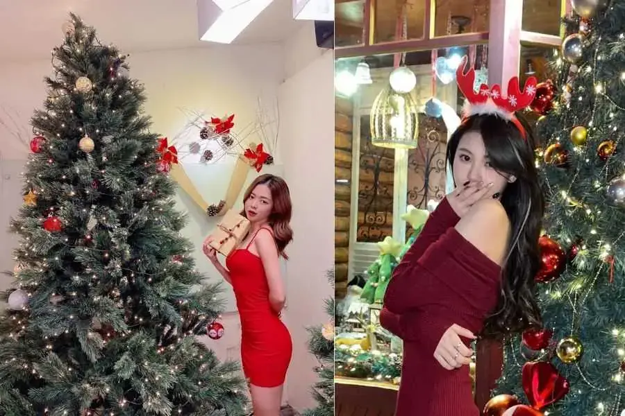 Dáng chụp ⅔ người với cây thông Noel.