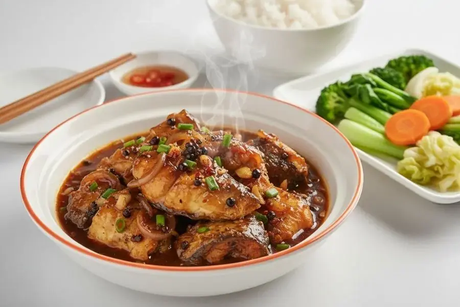Bữa cơm cân bằng với cá kho và rau xanh.
